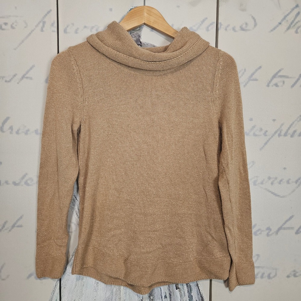 Chicos Cowl Neck Long Sleeve Sweater Metallic Thread Size 0 (S) Tan Gold